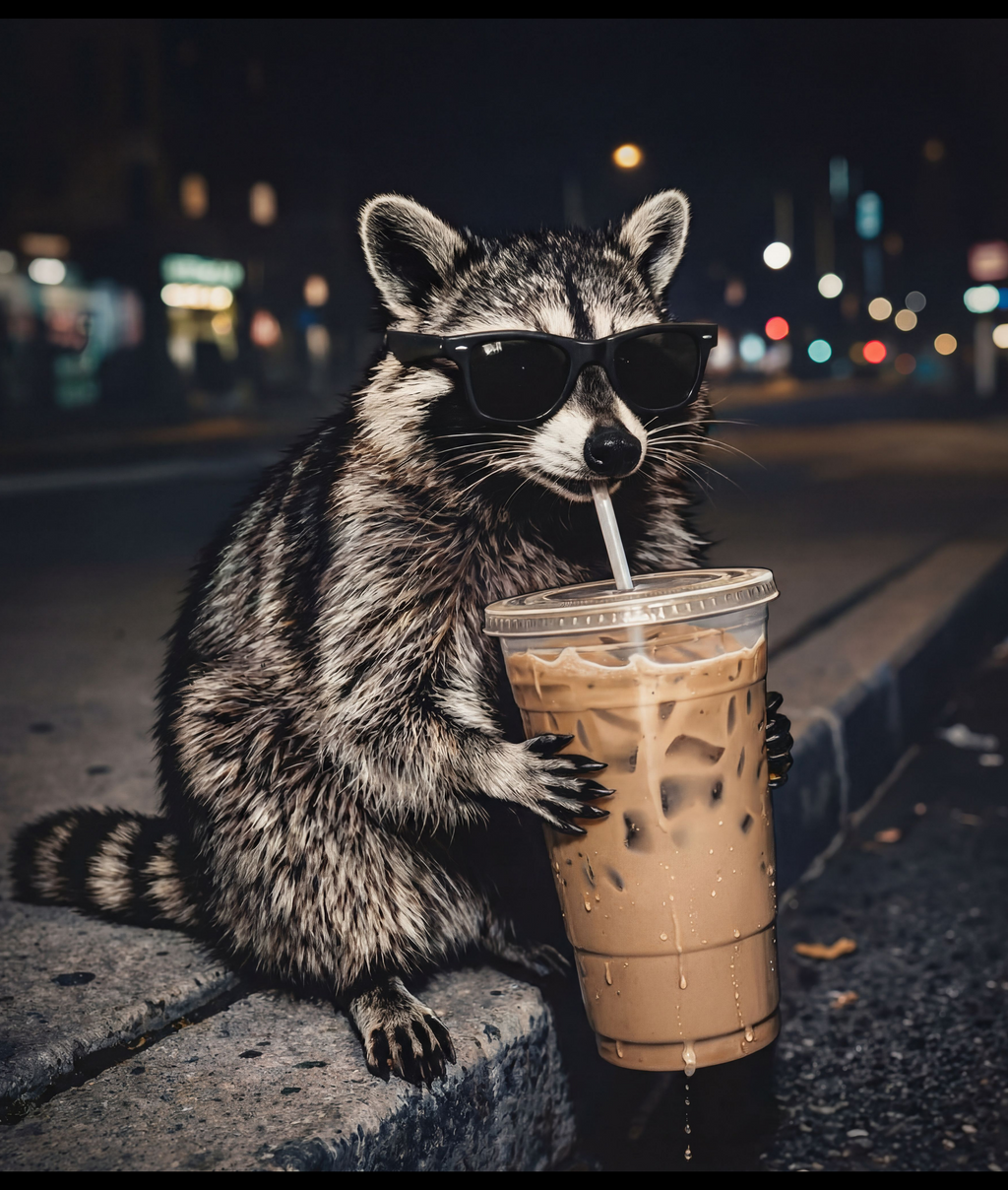 Raccoon Drinking Iced coffee