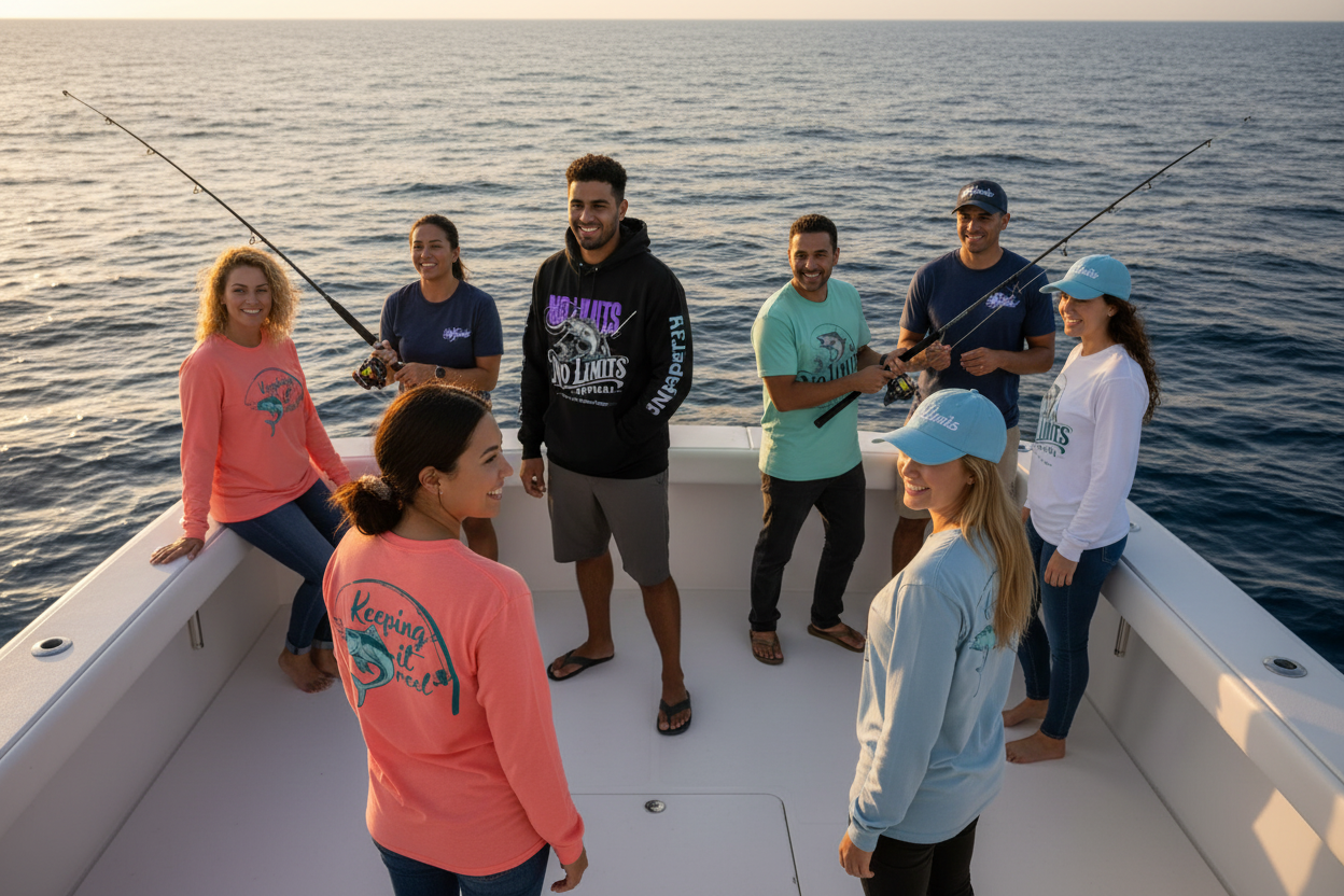 Full No Limits Apparel product group on an offshore yacht