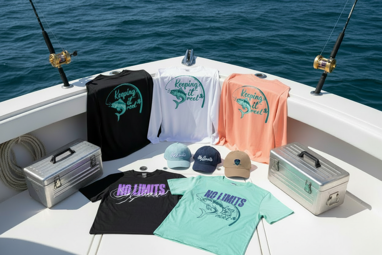 No Limits Apparel boat display with tan cap